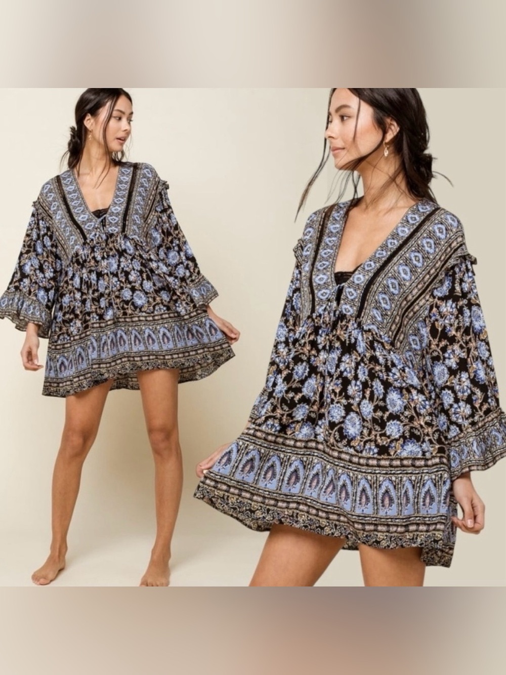 Free People Moonlight Dance Babydoll Boho  Mini Dress Floral Black Blue L